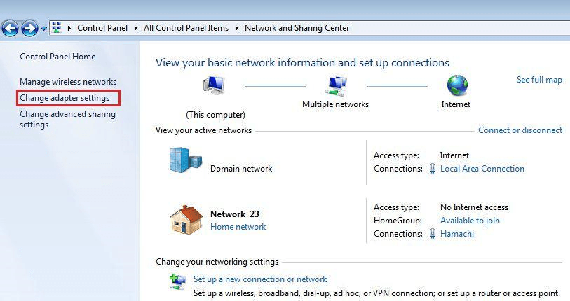 Windows 7 - Network and sharing center - Change adapter settings