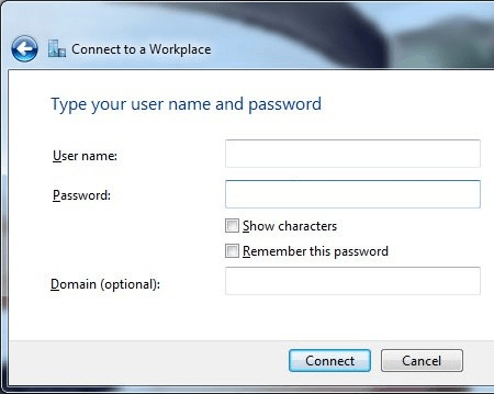 Windows 7 - Network - VPN credentials
