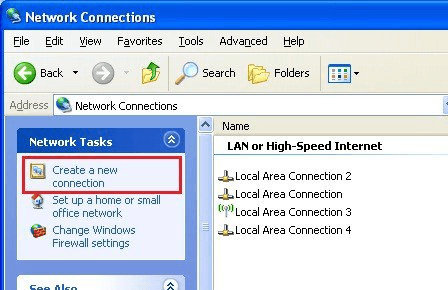 Windows XP - Network Connections - Create a new connection