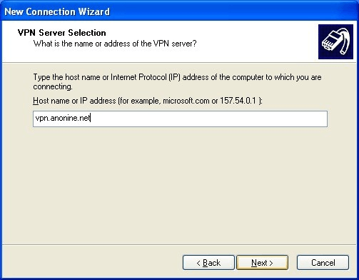 Windows XP - Create Anonine VPN connection - Step 2