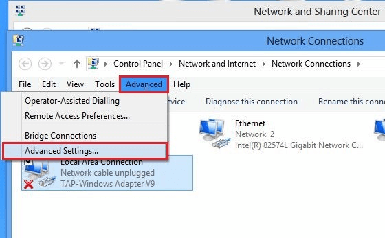 Advanced network connection settings in Windows 8.