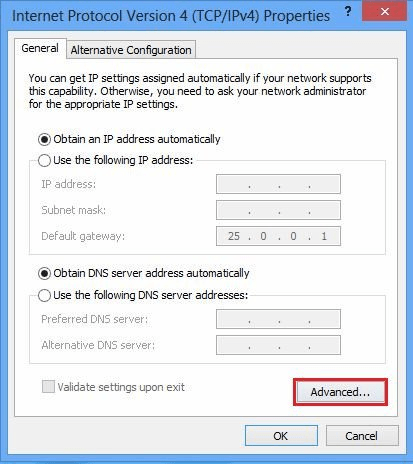 Advanced TCP/IP settings in Windows 8.