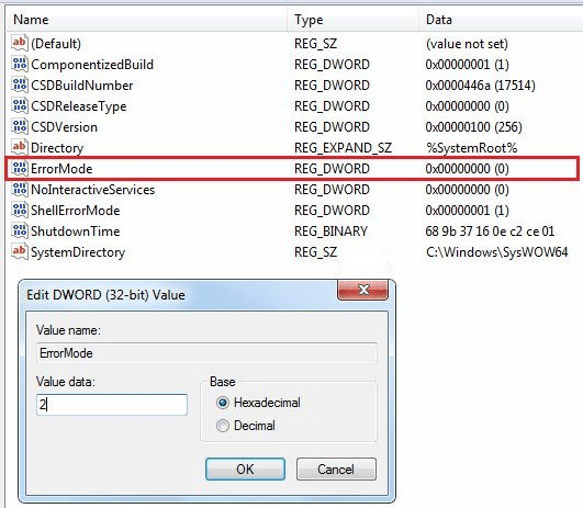 Windows registry editor change error mode to 2
