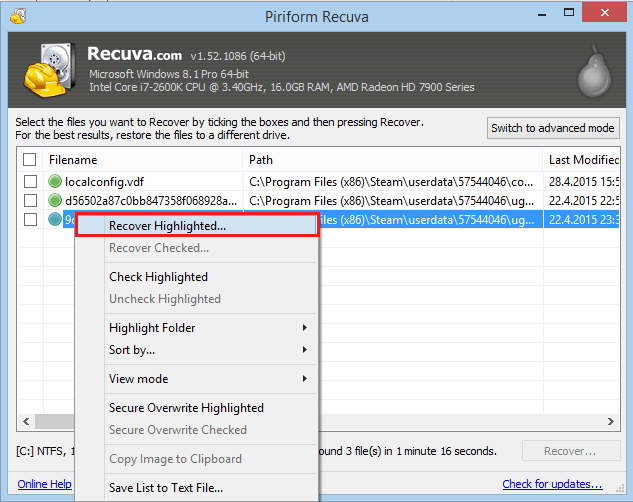 Recover Highlighted files in Recuva