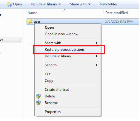 Restore previous versions button in Windows