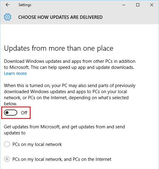 Windows 10 - Choose how updates are delivered