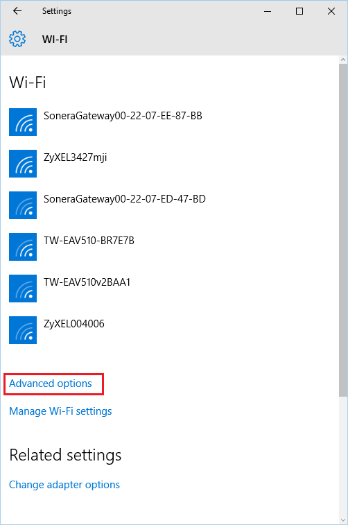 Windows 10 - Wi-Fi Advanced options