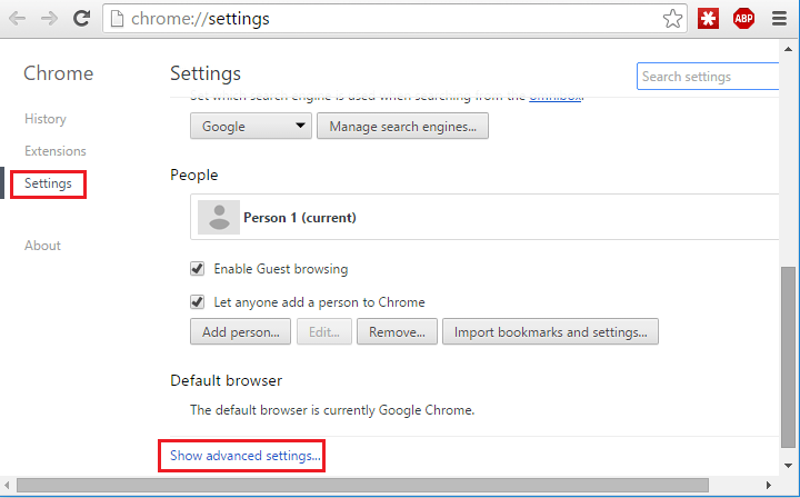 Chrome advanced settings