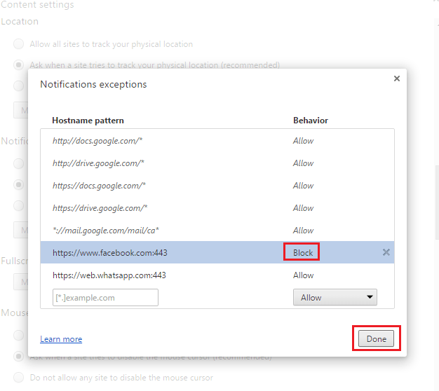 Chrome notification exceptions dialog