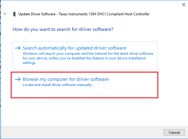 Browse my computer for driver -link in driver settings