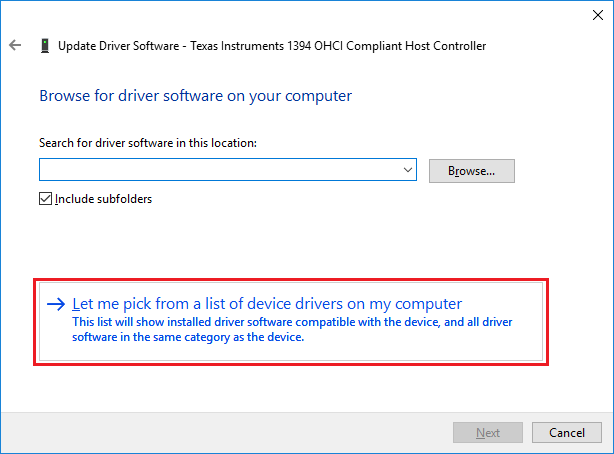 Let me pick driver from list -button in driver settings