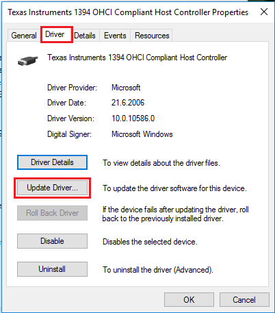 Device Manager Driver tab