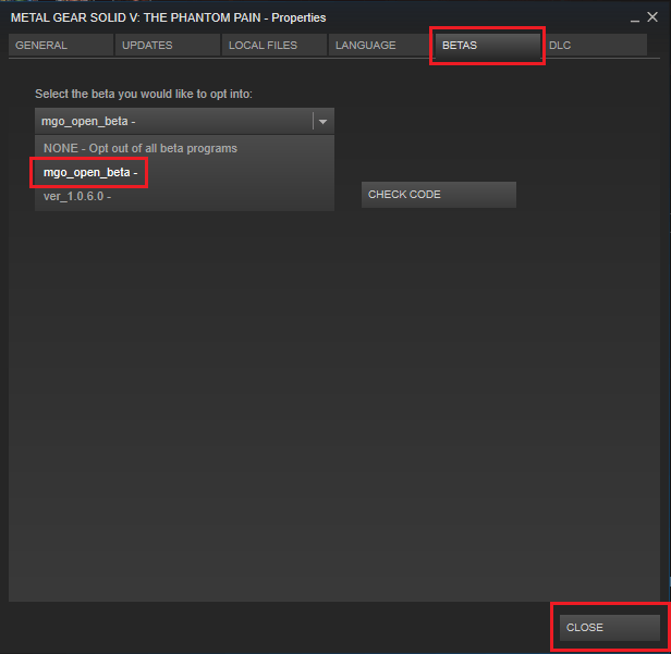 Betas tab on Steam for Metal Gear Solid V