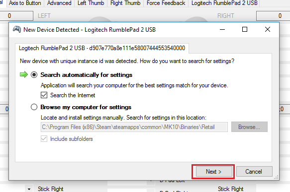 New Device Detected -dialog in x360ce