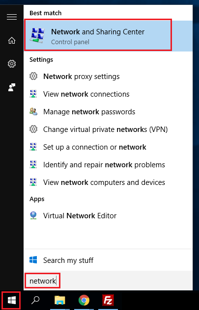 Network and Sharing Center in Windows start menu