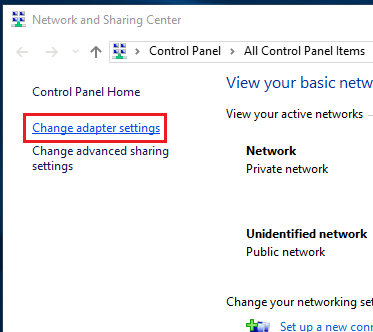 Windows 10 - Network and Sharing Center - Change adapter settings link.