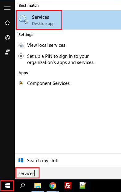Services in Windows 10 start menu