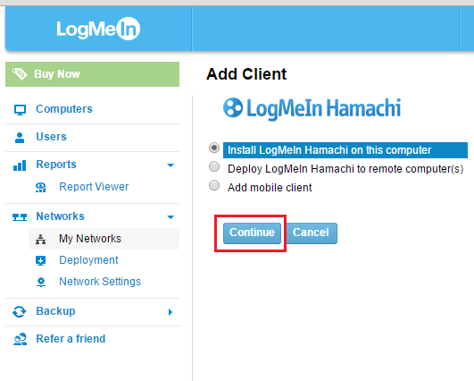 Hamachi website - Add Client page