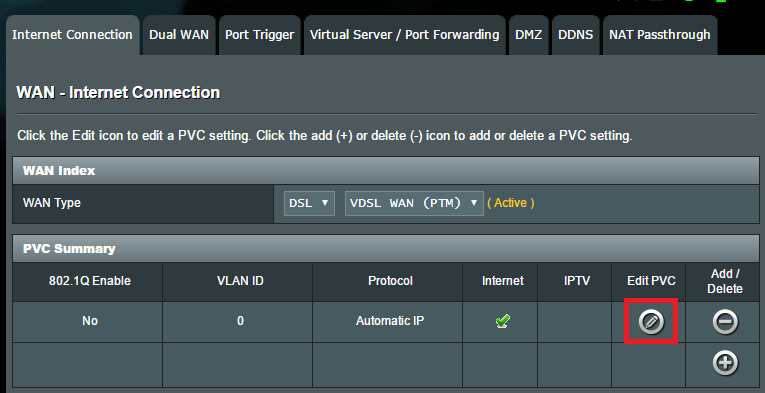 Asus DSL-AC68U - Edit PVC settings button