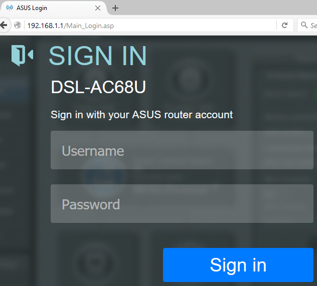 Asus DSL-AC68U login window