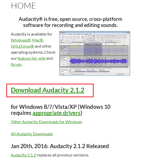Audacity homepage and download links