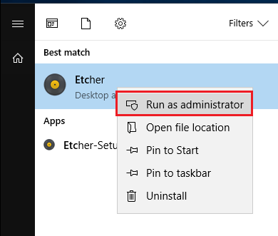 Etcher in windows start menu