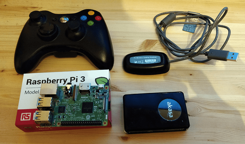 Image of X360 controller, Raspberry Pi 3 and USB card reader.