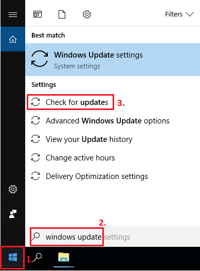 Windows Update settings link in Windows start menu