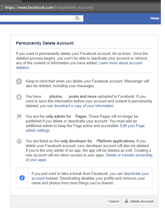 Facebook account deletion screen in web