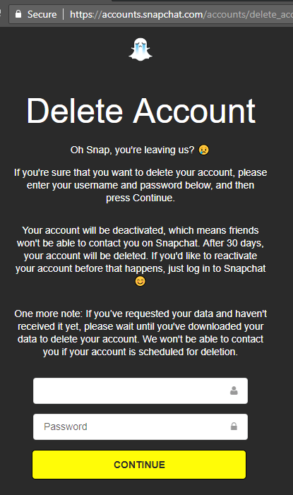 Snapchat account deletion screen in web