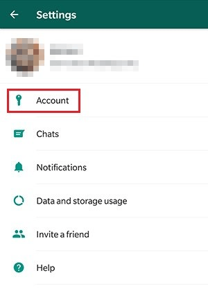 Whatsapp settings open and Account button focused