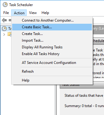 Create Basic Task menu item in Task Scheduler window