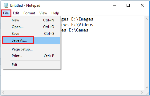 Notepad File and Save As marked with red rectangle.