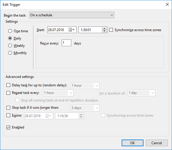 Task Scheduler edit trigger window
