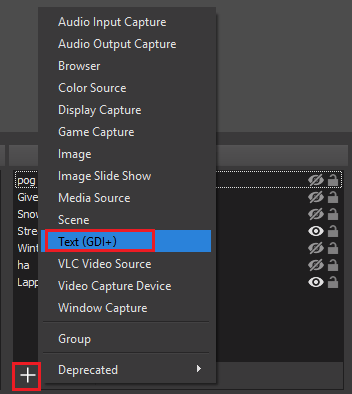 Add Text (GDI+) source to OBS scene