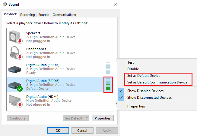 Sound device settings in Windows 10