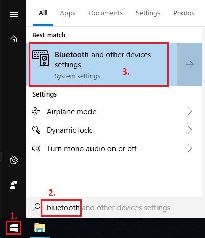 Windows 10 start menu open and Bluetooth settings icon showing