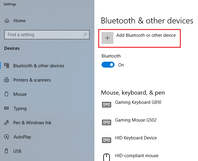 Bluetooth & other devices window