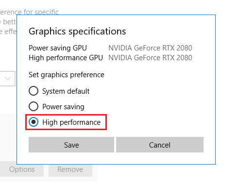 Enable High performance on graphics sepcifications.
