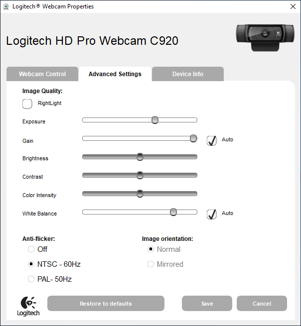 Logitech Webcam advanced settings.