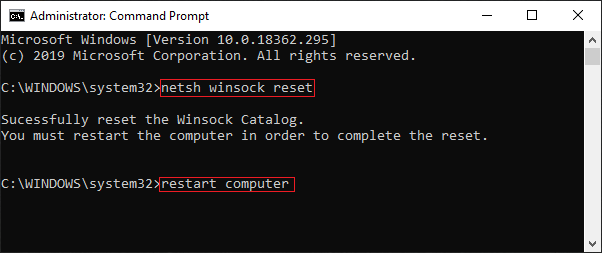 Winsock reset in command prompt