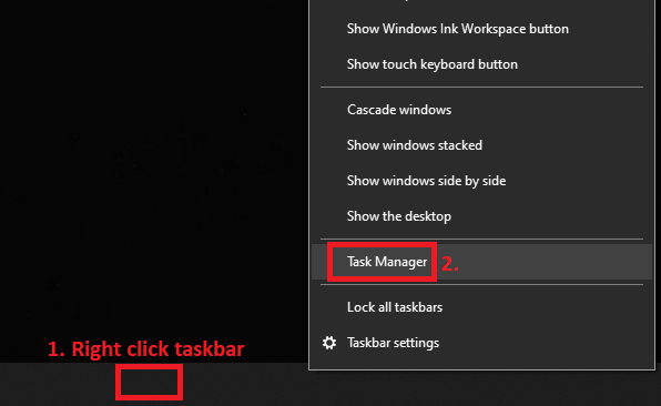 Open Task Manager from taskbar in Windows 10