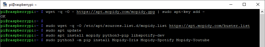 Add Mopidy repository and install Mopidy.