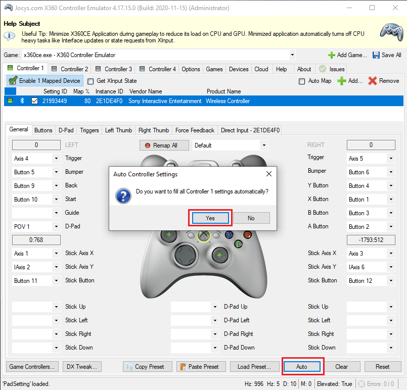 aAutomatically map PlayStation 4 buttons in x360ce.