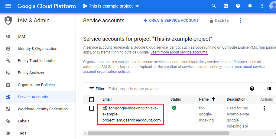 Click your newly created Google Service Account.