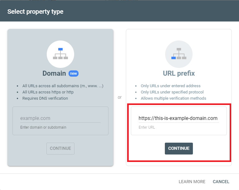 Select URL prefix as property type if you are beginner.