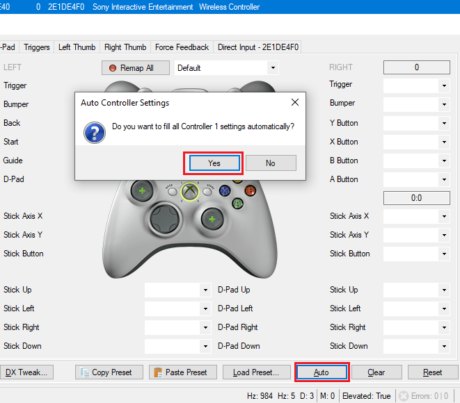Press Auto to fill controller settings automatically.